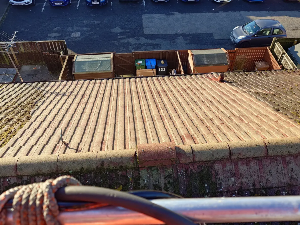 Tiled roof with moss growth seen from the scaffold before moss removal