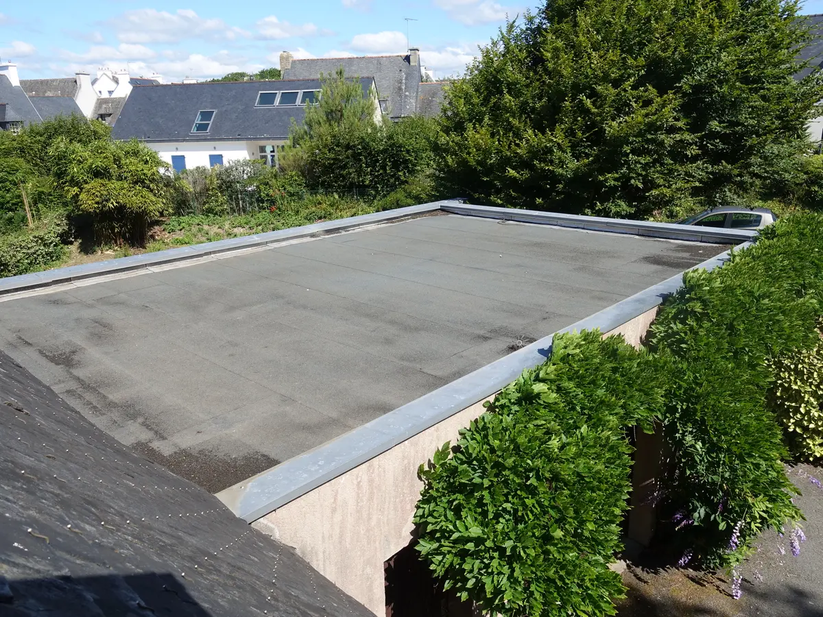 Finished felt flat roof on a garage beside a hedge