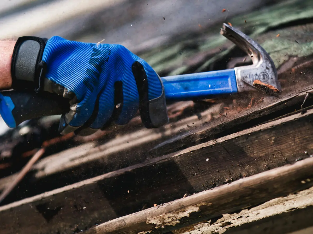 Roofer using a claw hammer to remove rotten roof timber