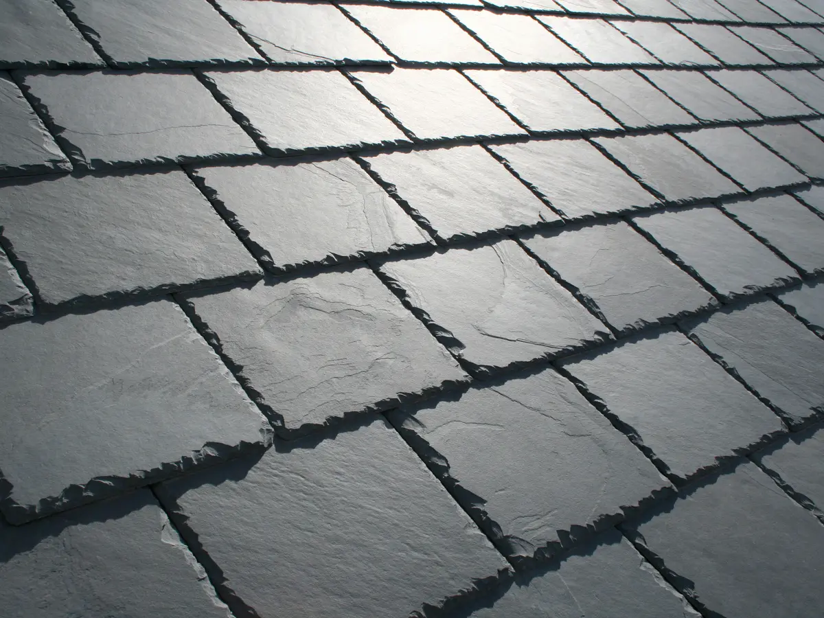 Close view of natural roof slates laid in courses