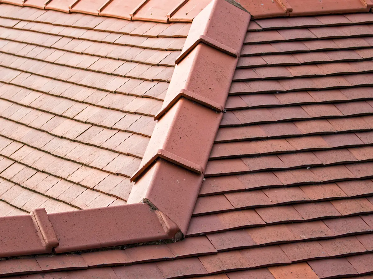 Clay plain tiles and ridge tiles on a pitched roof
